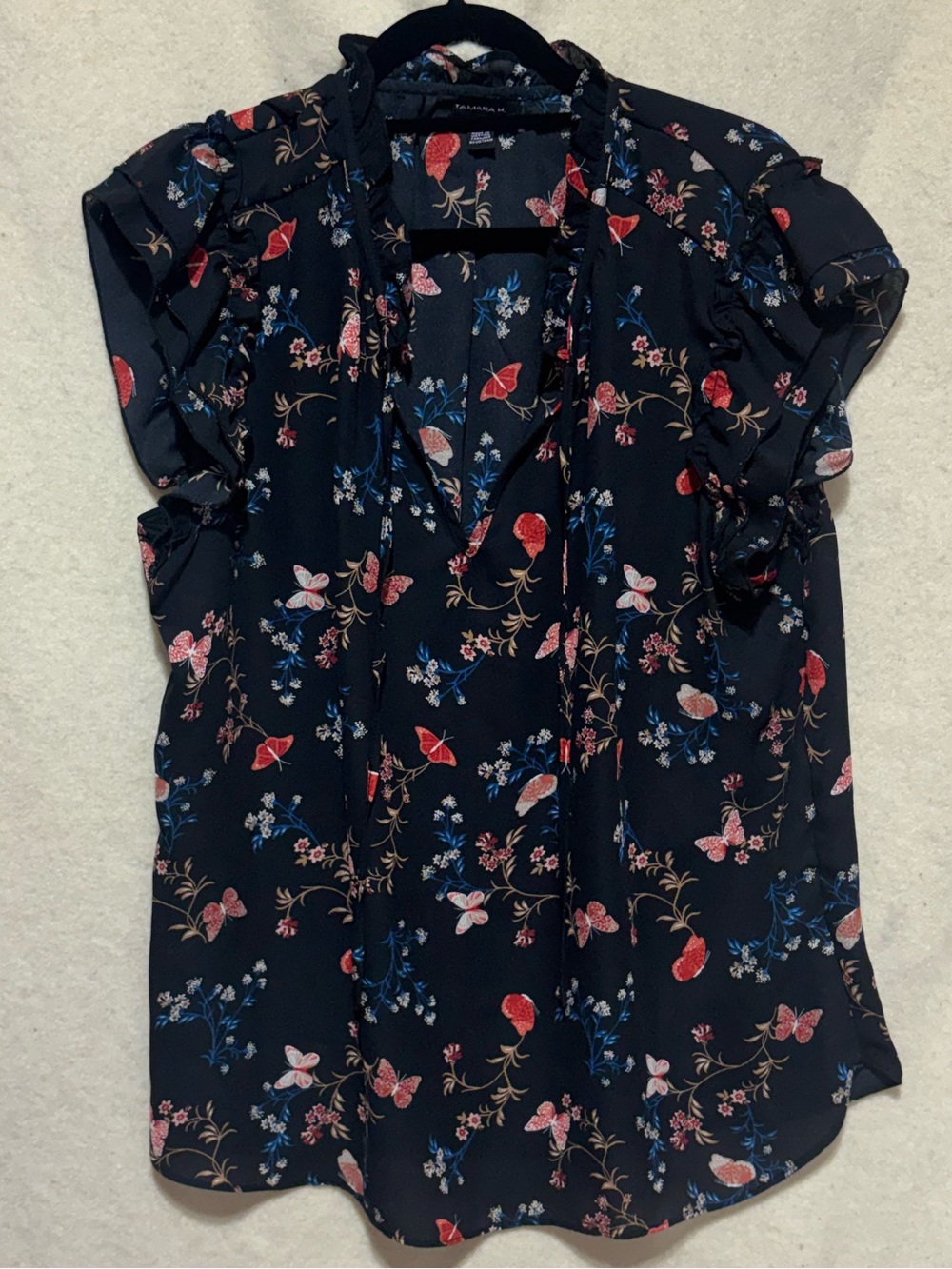 Tamara H. Floral Butterfly Ruffle Sleeve Blouse XL Black Sheer Lightweight Top
